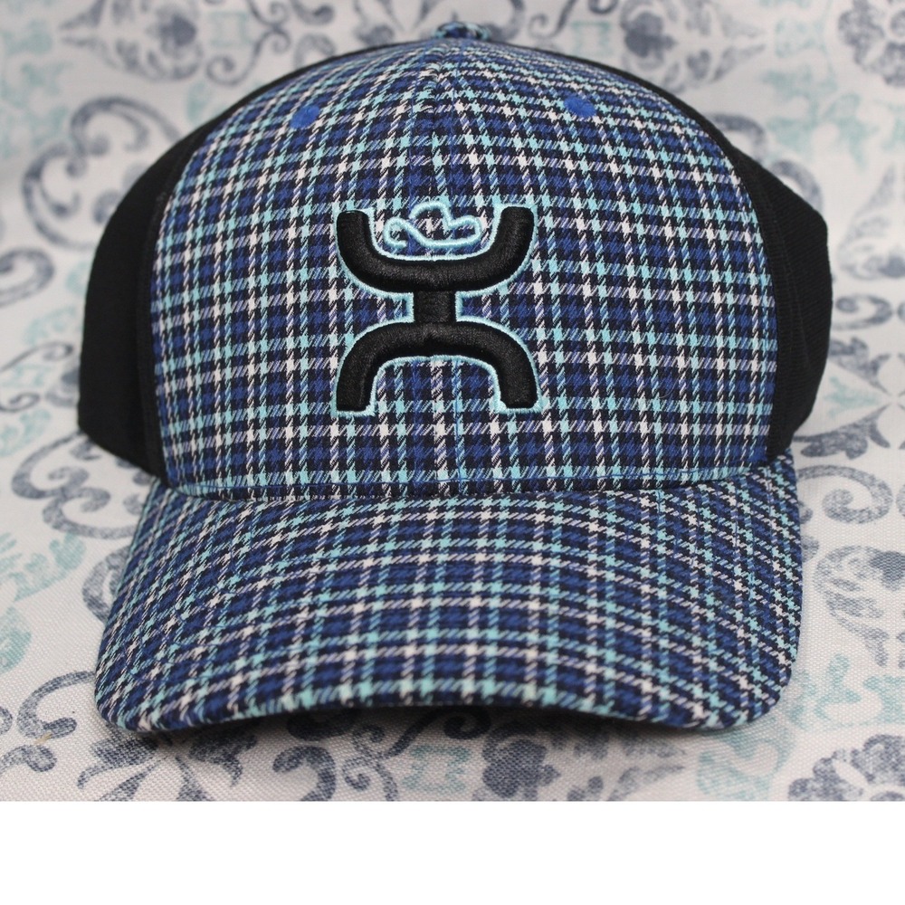 HOOEY Black Blue‎ Plaid Mesh Trucker Hat Flexfit S M Logo